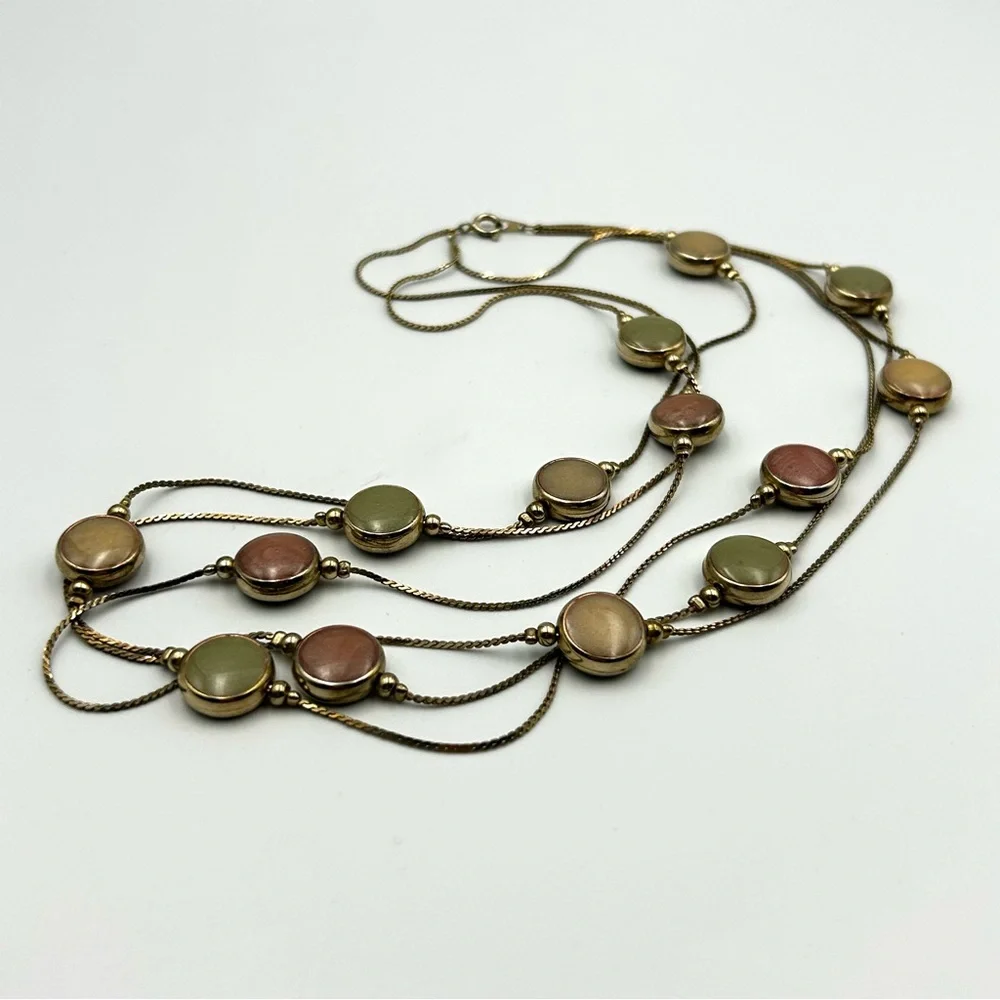 Vintage Multi-Strand Goldtone Necklace Earth Tone Pearlized Colored Beads Boho